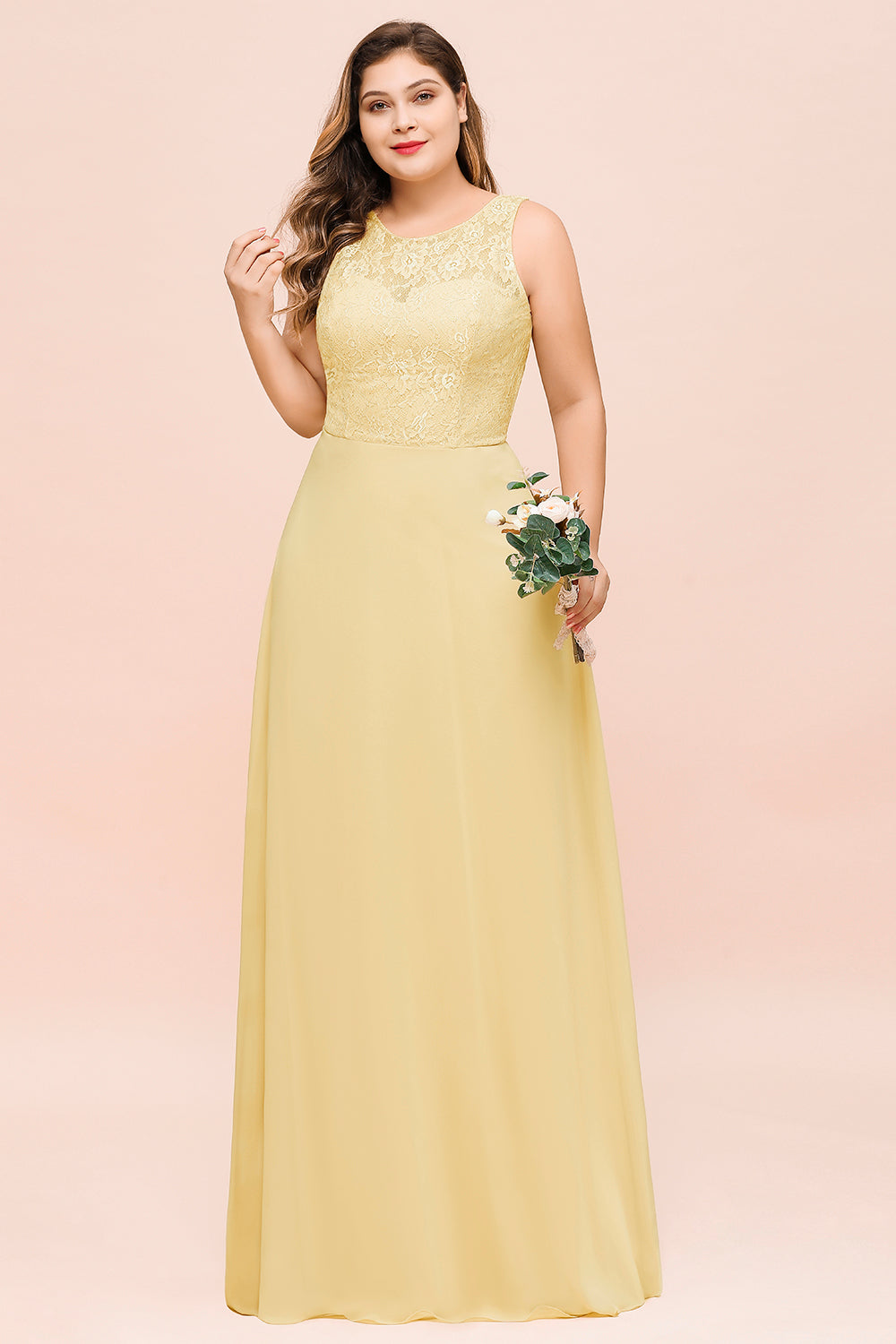 Long Plus Size Chiffon Jewel Daffodil Bridesmaid Dress with Lace