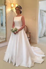 Long Satin Bateau Sleeveless A Line Open Back Wedding Dress