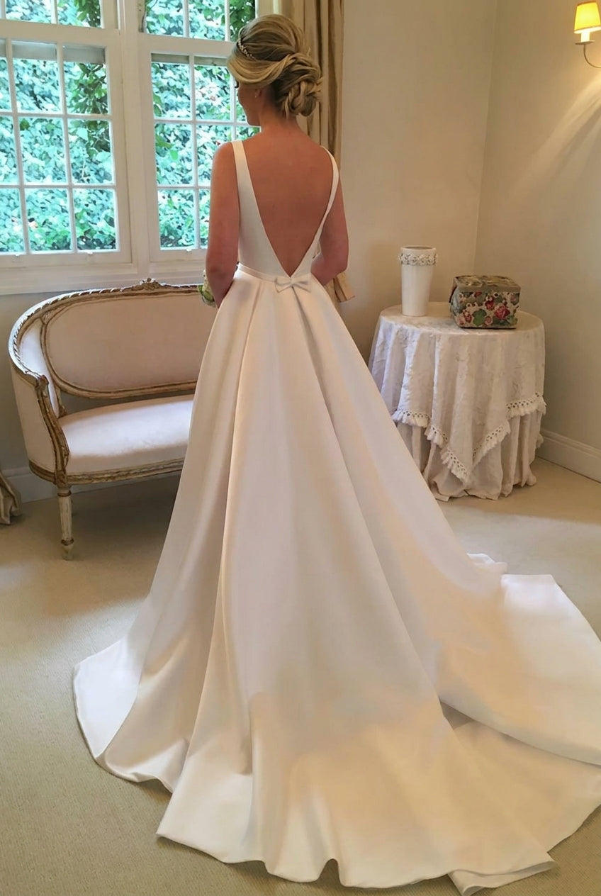Long Satin Bateau Sleeveless A Line Open Back Wedding Dress