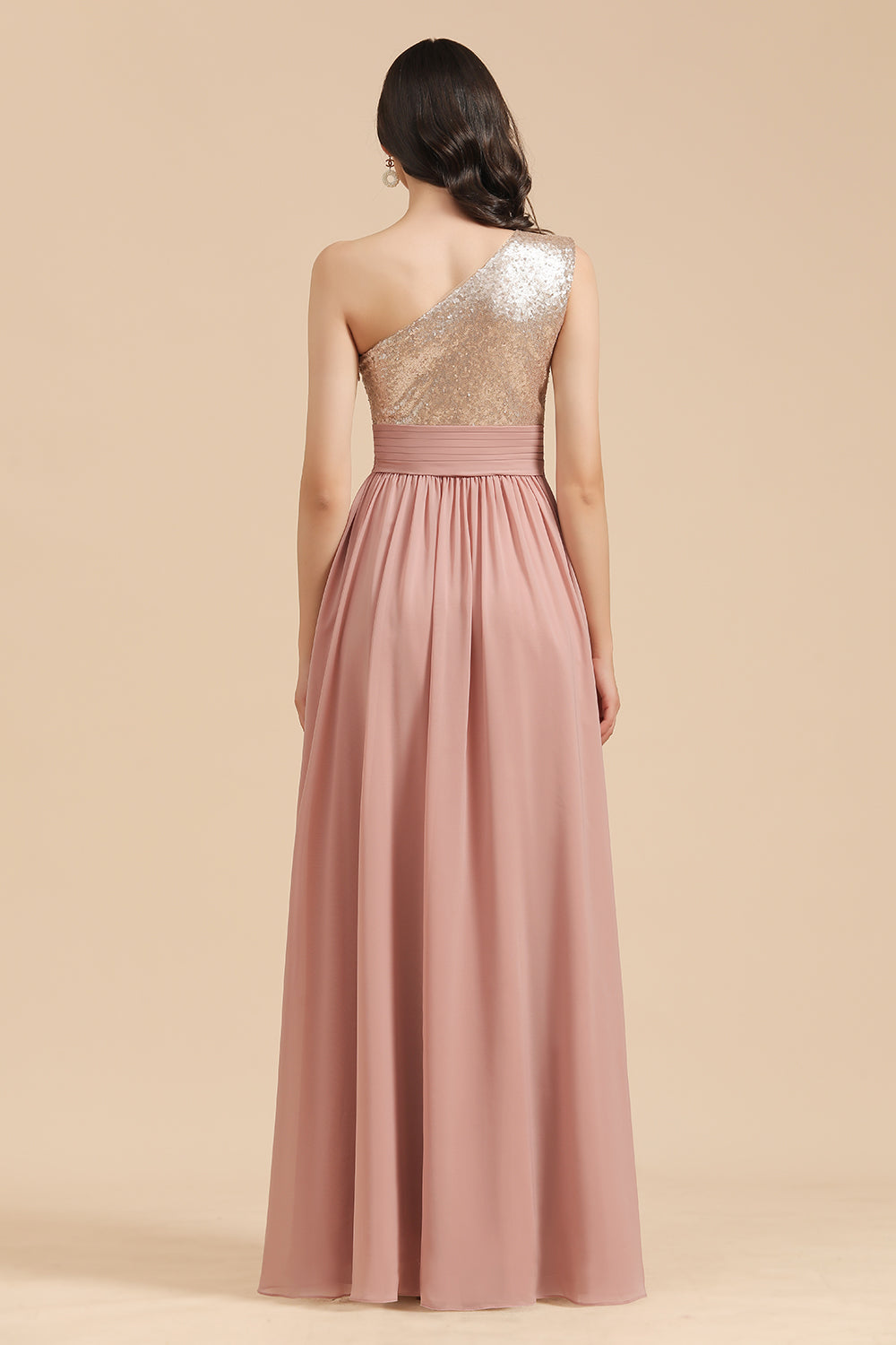 Long Sequins A-line One Shoulder Pink Bridesmaid Dress