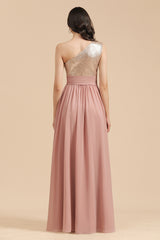 Long Sequins A-line One Shoulder Pink Bridesmaid Dress