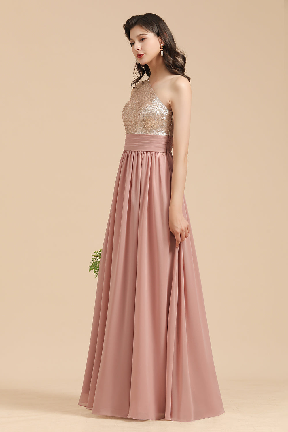 Long A-line One Shoulder Chiffon Dusty Rose Wedding Guest Dresses