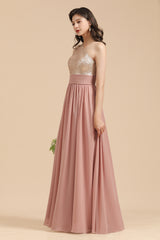 Long A-line One Shoulder Chiffon Dusty Rose Wedding Guest Dresses