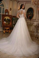 Long Sleeve A-line Tulle Long Lace White Button Wedding Dress