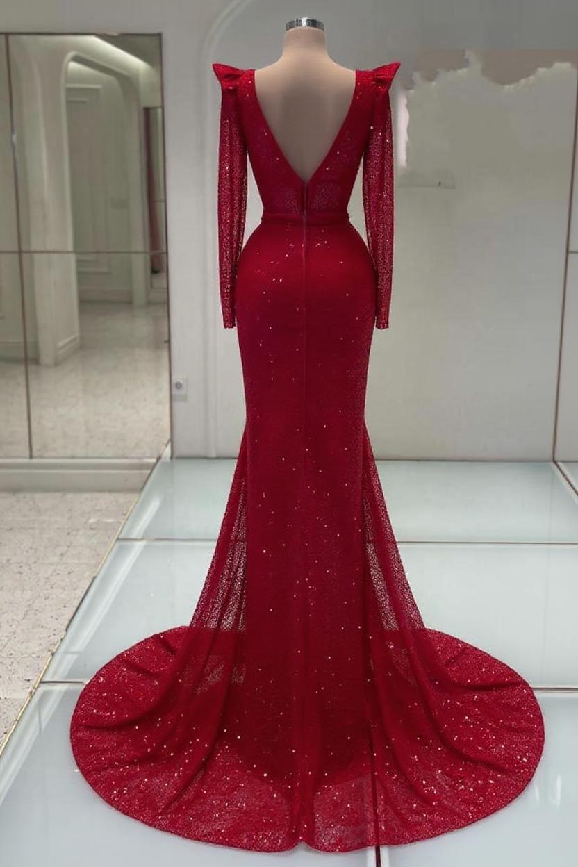 Long Sleeves Mermaid Sequined Tulle Prom Dresses with Court Train