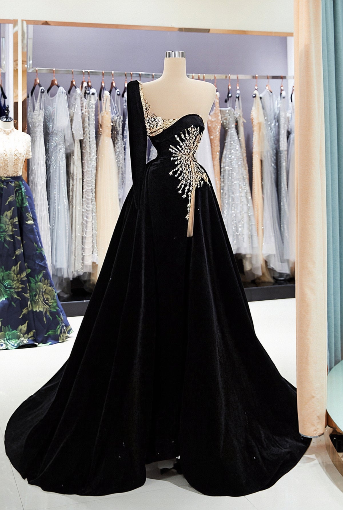 Long Sleeves Mermaid Velvet One Shoulder Formal Dress with Split Front
