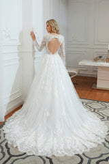 Long Sleeves Tulle A-line Lace Backless Wedding Dress