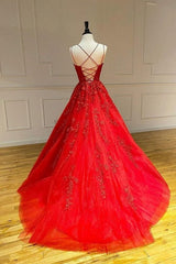 Long Spaghetti Straps Appliques Lace A-Line Tulle Floor Length Prom Dress