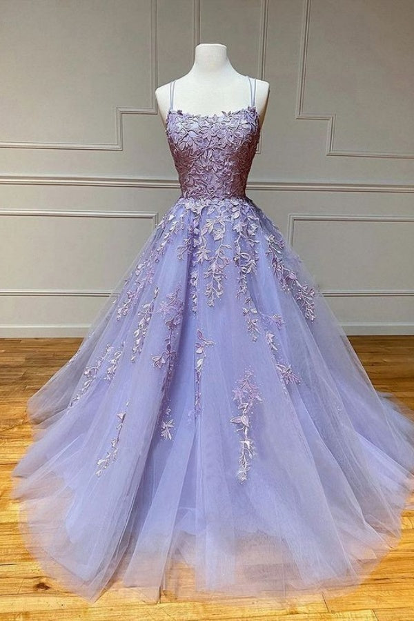 Long Spaghetti Straps Appliques Lace A-Line Tulle Floor Length Prom Dress