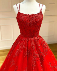 Long Spaghetti Straps Appliques Lace A-Line Tulle Floor Length Prom Dress