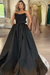 Long Strapless A-Line Satin Floor Length Prom Dress with Slit