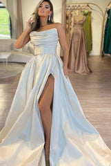 Long Strapless A-Line Satin Floor Length Prom Dress with Slit
