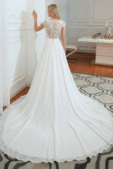 Long Sweetheart Front Slit Appliques Chiffon A-line White Wedding Dress