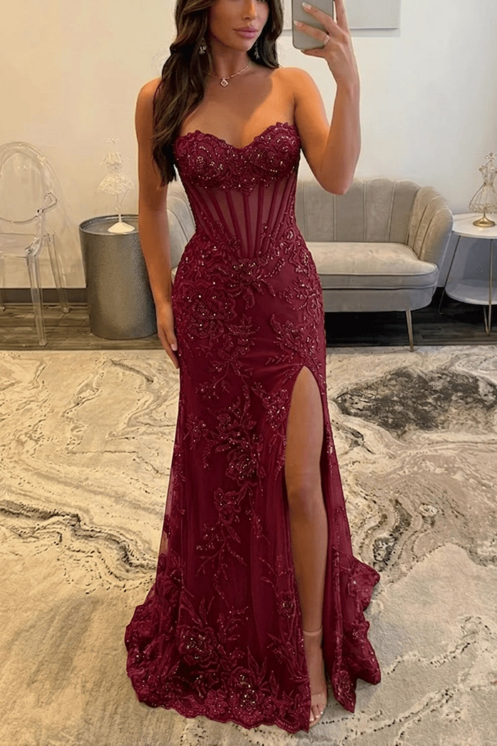 Long Sweetheart Tulle Lace-up Mermaid Prom Dress with Slit