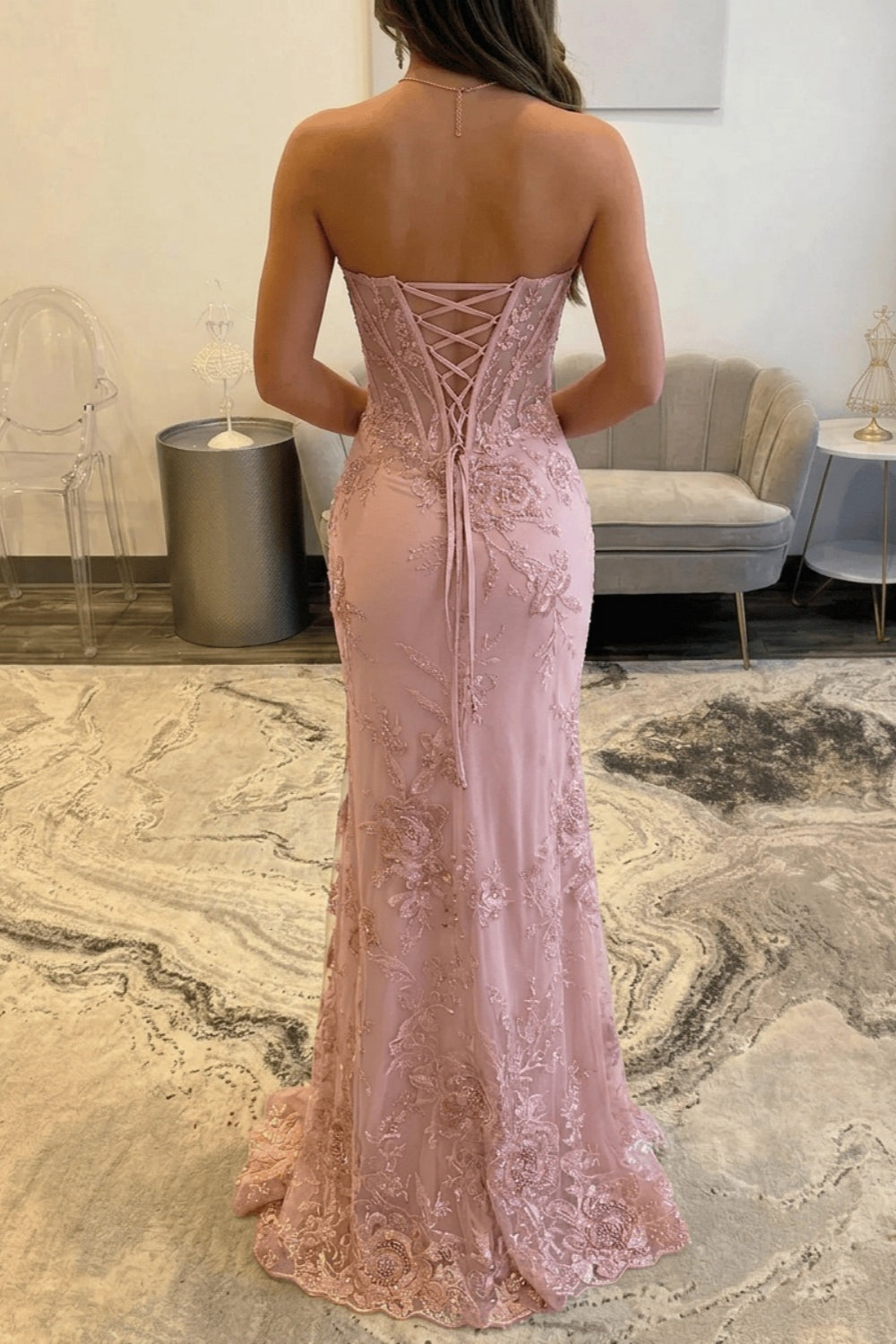 Long Sweetheart Tulle Lace-up Mermaid Prom Dress with Slit
