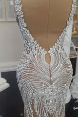 Long V-Neck Backless Tulle Beads Mermaid Wedding Dresses