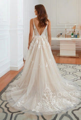 Long V-neck A-Line Floor Length Tulle Wedding Dress With Floral Lace