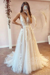 Long V-neck A-Line Floor Length Tulle Floral Lace Wedding Dress