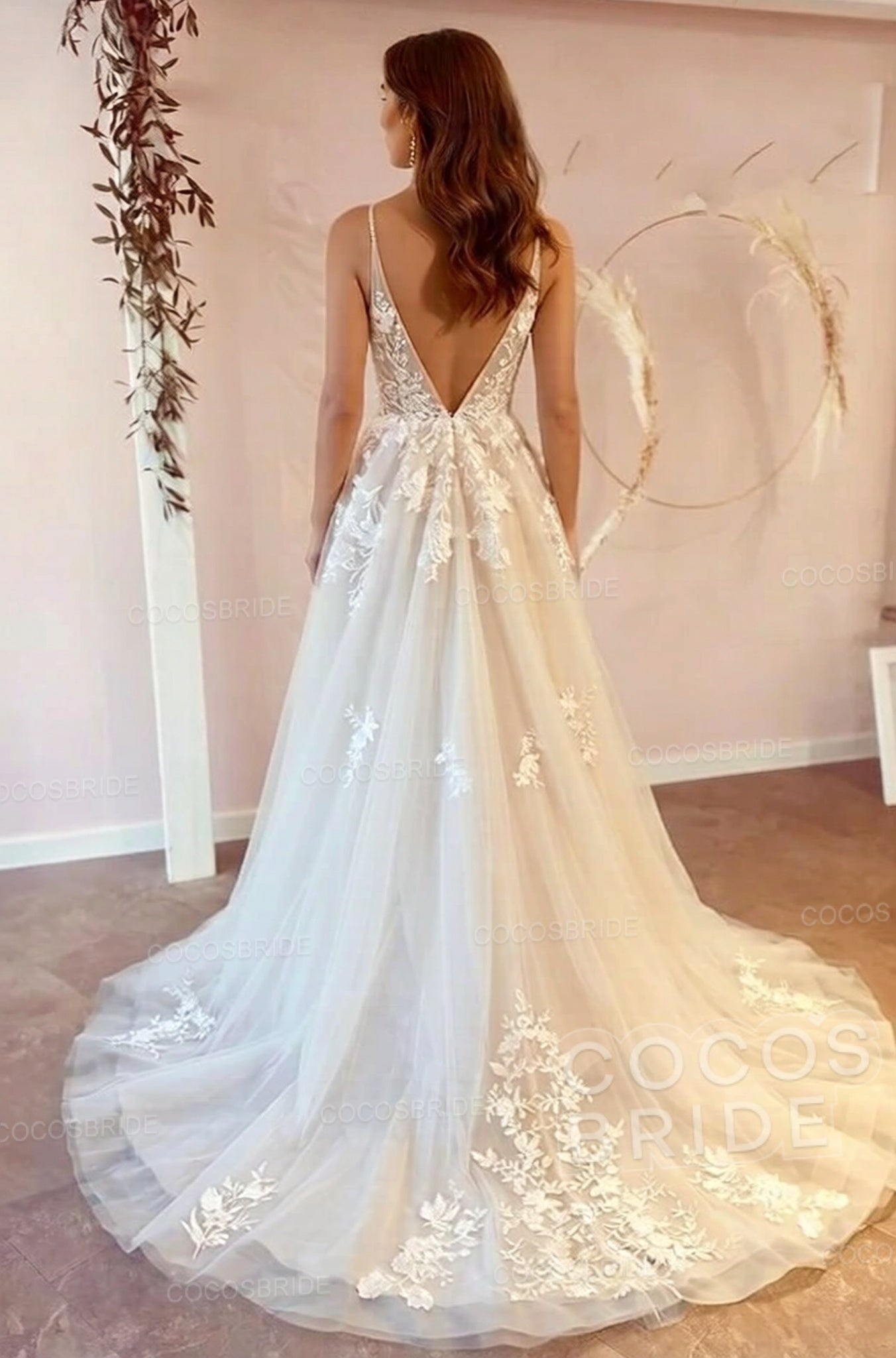 Long V-neck A-Line Floor Length Tulle Floral Lace Wedding Dress