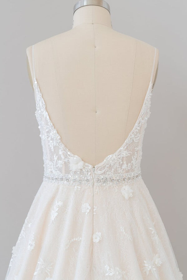 Long V-neck Appliques Lace A-line Tulle Open Back Wedding Dress