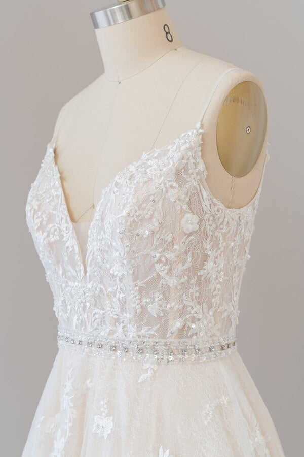 Long V-neck Appliques Lace A-line Tulle Open Back Wedding Dress