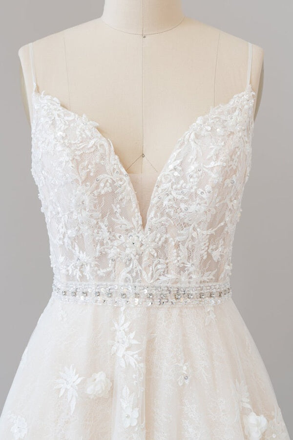 Long V-neck Appliques Lace A-line Tulle Open Back Wedding Dress