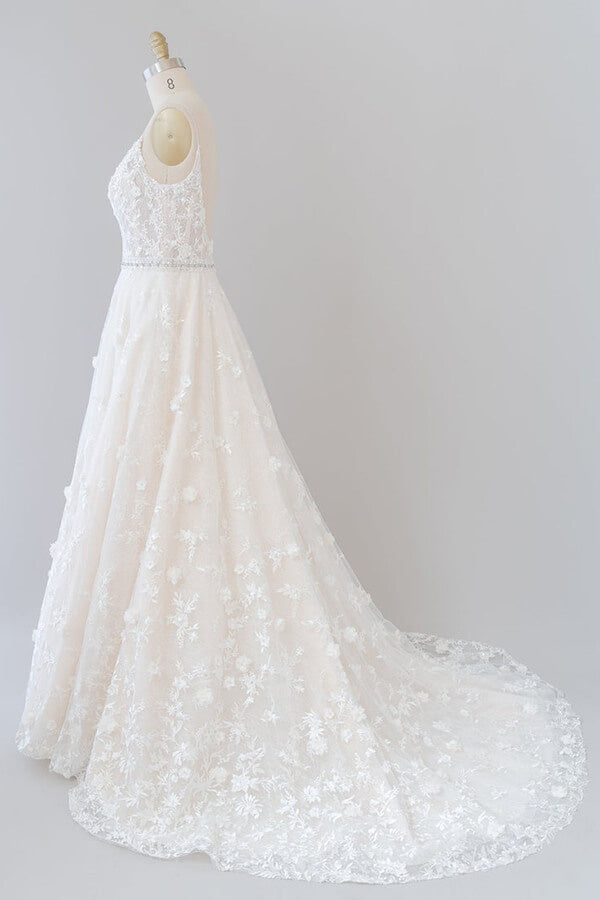Long V-neck Appliques Lace A-line Tulle Open Back Wedding Dress