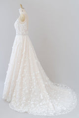 Long V-neck Appliques Lace A-line Tulle Open Back Wedding Dress