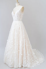 Long V-neck Appliques Lace A-line Tulle Open Back Wedding Dress