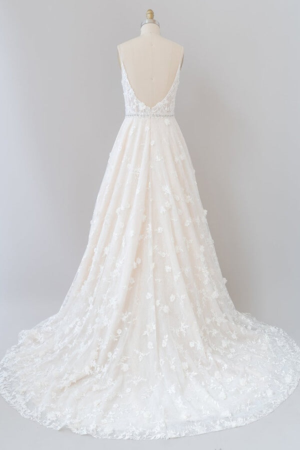 Long V-neck Appliques Lace A-line Tulle Open Back Wedding Dress