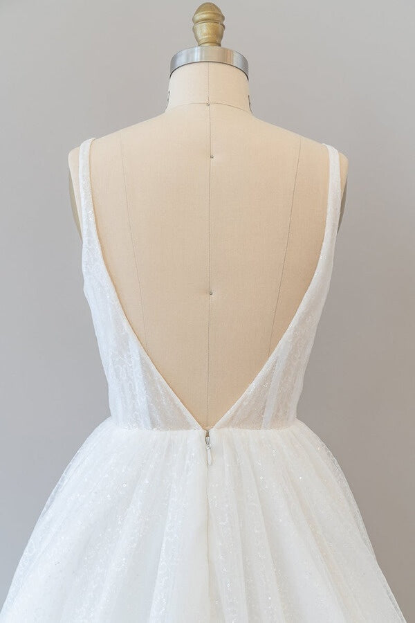 Long V-neck Open Back Sequins Tulle A-line Wedding Dress