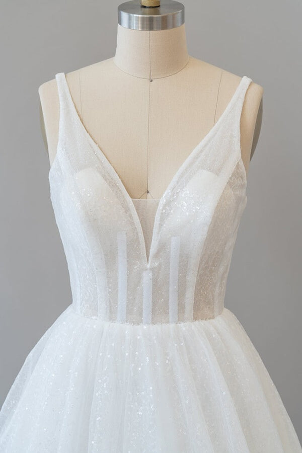 Long V-neck Open Back Sequins Tulle A-line Wedding Dress