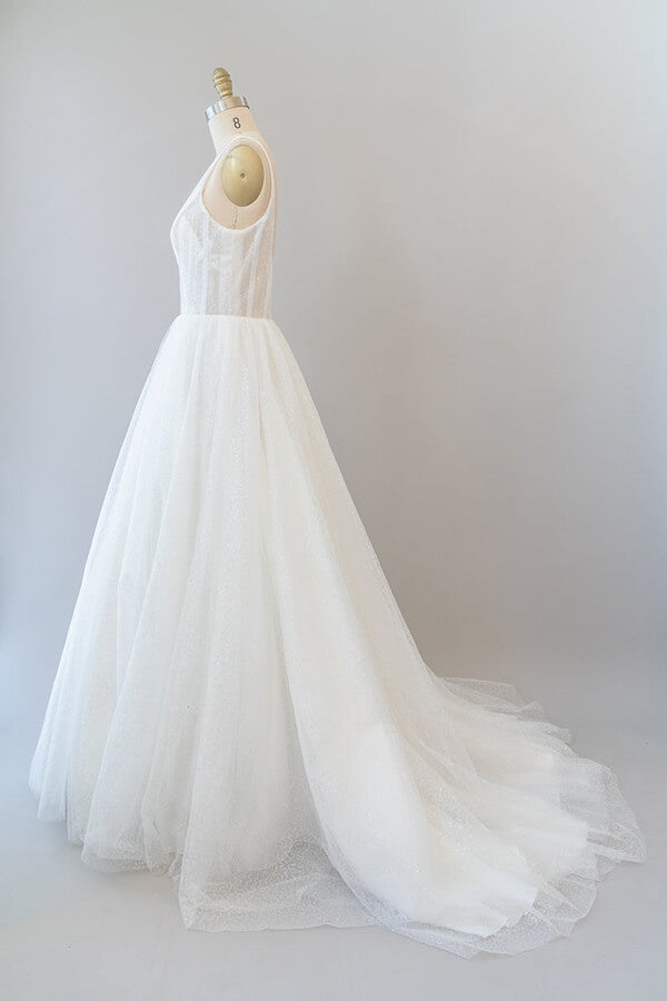 Long V-neck Open Back Sequins Tulle A-line Wedding Dress