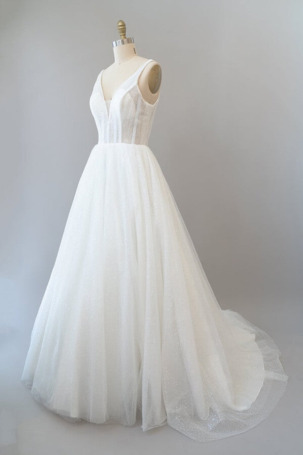 Long V-neck Open Back Sequins Tulle A-line Wedding Dress