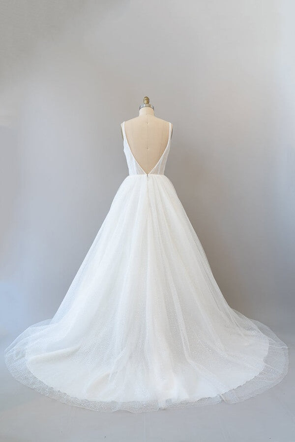 Long V-neck Open Back Sequins Tulle A-line Wedding Dress