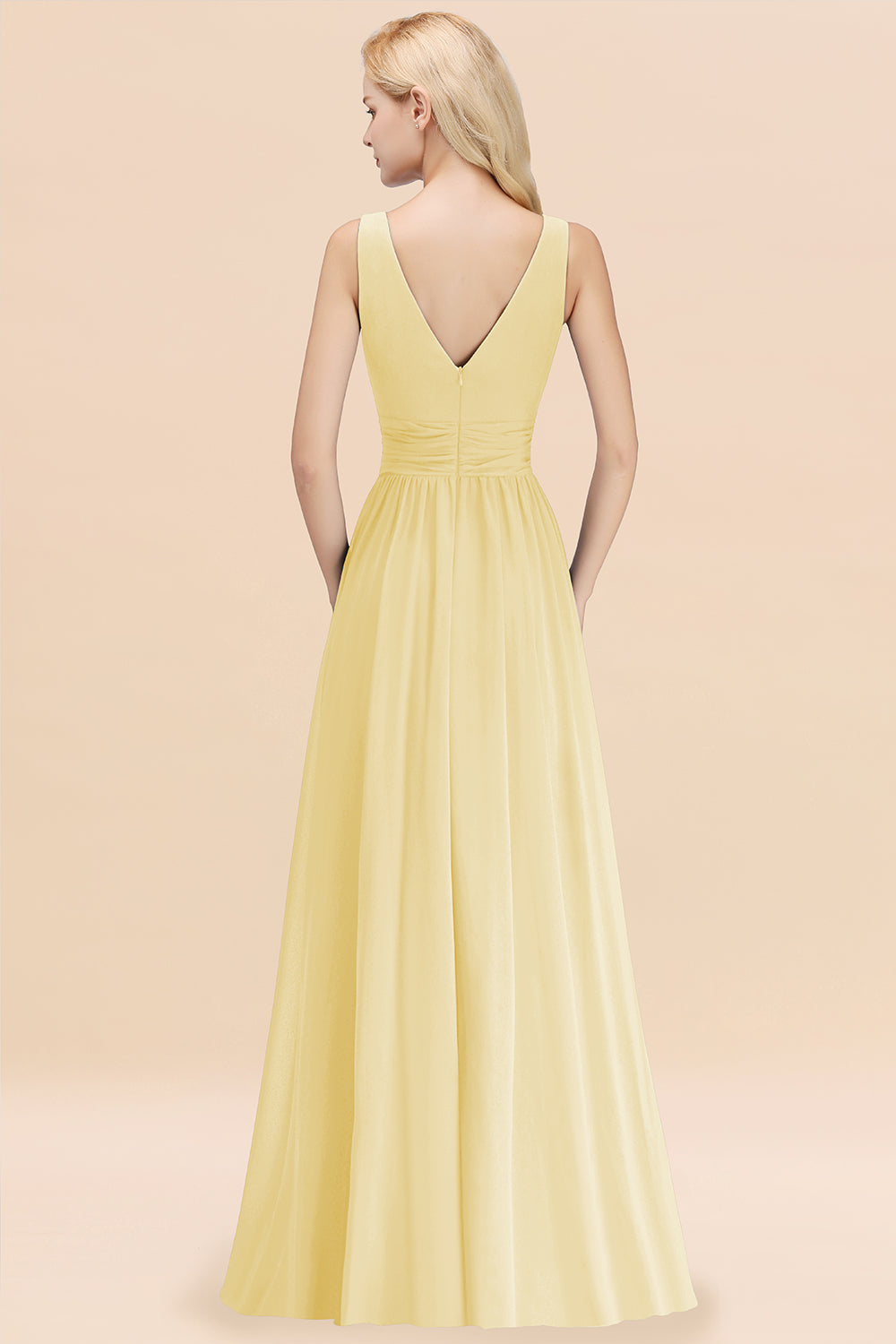 Long V-neck Sleeveless Chiffon A-line Daffodil Bridesmaid Dress