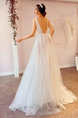 Long V-neck Tulle A-line Backless Wedding Dress