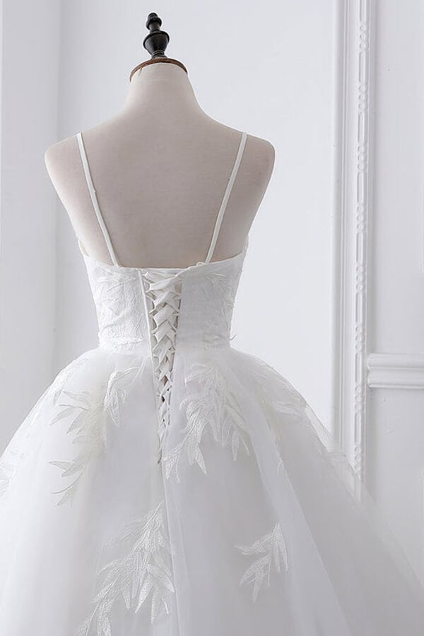 Long White Spaghetti Strap Tulle Ball Gown Wedding Dress