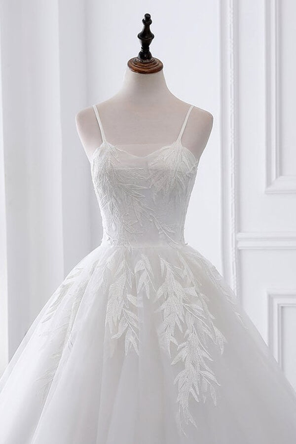 Long White Spaghetti Strap Tulle Ball Gown Wedding Dress