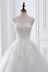 Long White Spaghetti Strap Tulle Ball Gown Wedding Dress