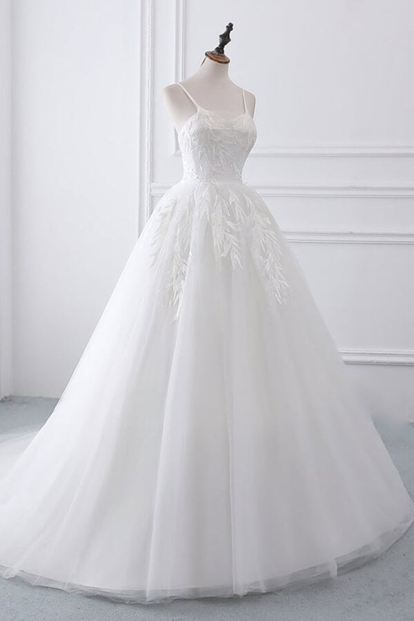Long White Spaghetti Strap Tulle Ball Gown Wedding Dress