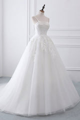 Long White Spaghetti Strap Tulle Ball Gown Wedding Dress