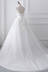 Long White Spaghetti Strap Tulle Ball Gown Wedding Dress