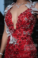 Luxurious Red Sequined Sleeveless Beaded Prom Dress with High Slit
