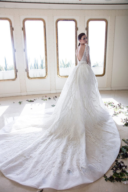 Luxurious Sequins Long Tulle Off the Shoulder Satin Ball Gown Wedding Dress with Sleeves