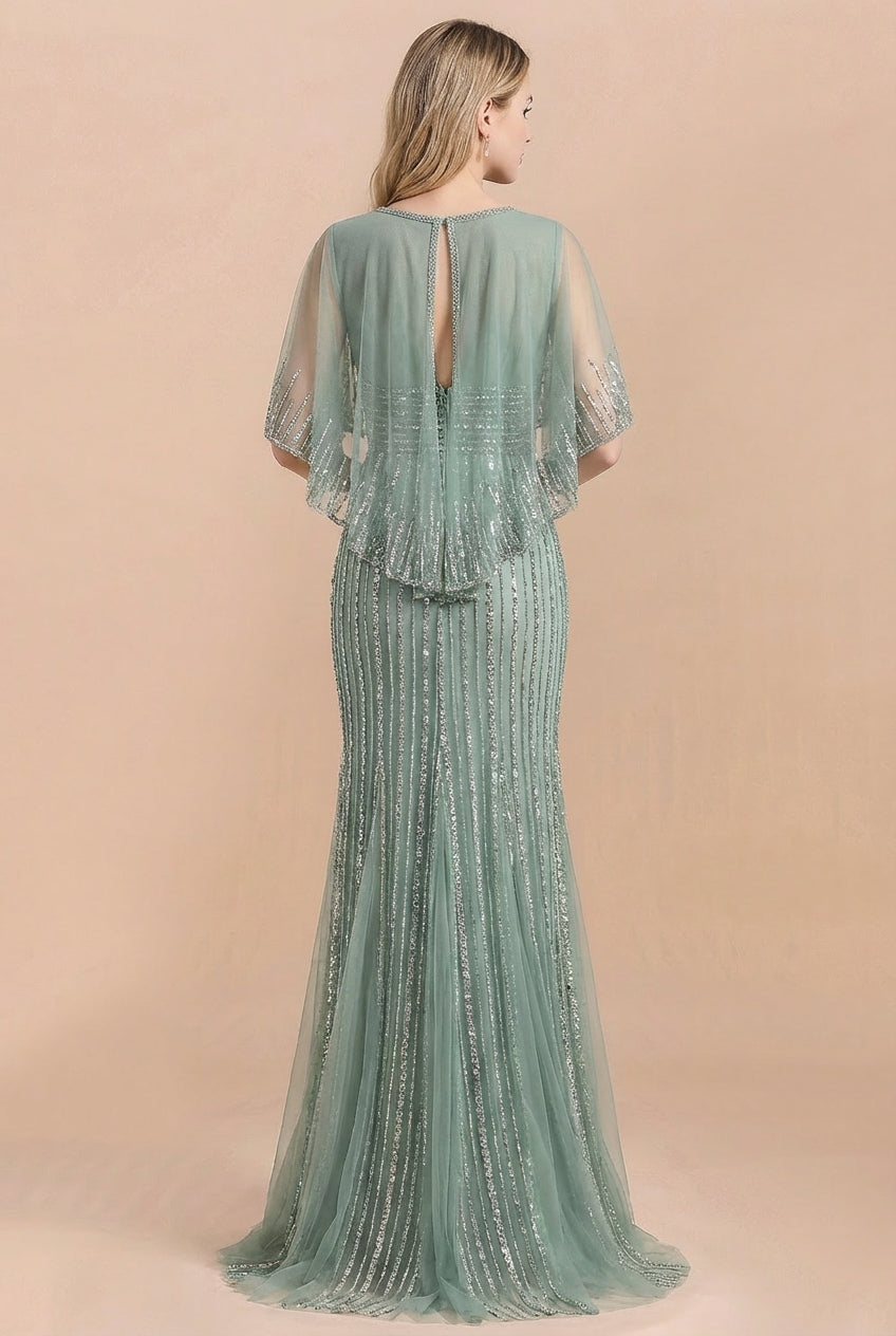 Luxury Glitter Long Mermaid Formal Evening Dresses with Detachable Shawl