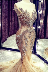 Luxury Long Mermaid Tulle Beadings Backless Prom Dress with Cap Sleeves