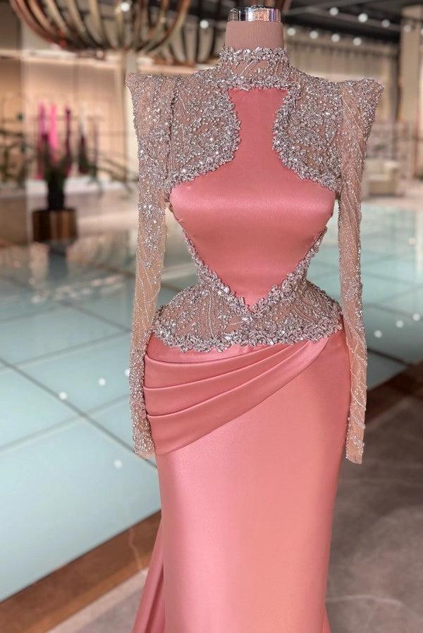 Satin Long Sleeves Mermaid Prom Dress with Rhinestones