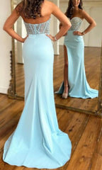 Long Sweetheart Mermaid Long Satin Beaded Prom Dress with Slit