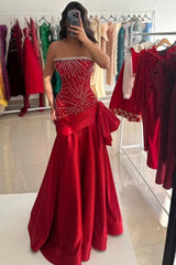 Red Strapless Beading A-line Satin Prom Dress with Bow